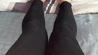 Close-up foot fetish wet tight wet pussy gets satisfied with golden vibrator to intense climax trembling twitching moaning horny