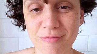 Busty curly brunette with big boobs fucks on couch