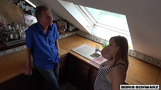 German Teen Brunette Fucks Old Man Boris Schwarz in Kitchen - Blowjob & Cum in Mouth Swallow