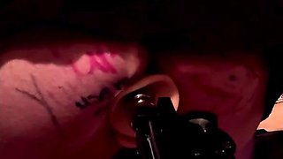Domme spitroasts feminized sissy lollipop superslut with her strap-on faux-cock and a penetrating machine