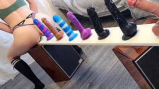 Sexy Plump-assed Babe Rides Different Dildos Put In a Row To Choose the Best One