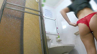 Athletic Girl Pissing in Public Bathroom
