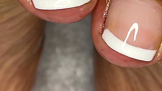 MILF Rubs Oil All Over Her French Pedicure Feet