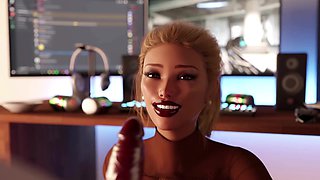 Insatiable big-tit milf in 3d animation blows guy gaming hard forcing him to cum