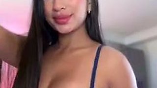 Busty curly brunette with big boobs fucks on couch