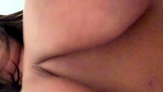 Busty curly brunette with big boobs fucks on couch