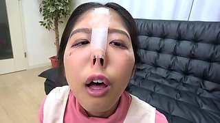 Asian girl giving blowjob licked in 69 fucked on the bed