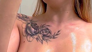 Busty Slut Oiled & Moaning While Masturbating with Dildo