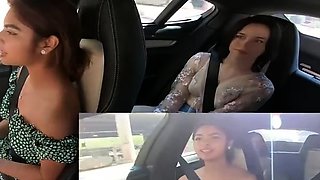 threesome car adventure with young natural brunettes -