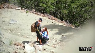 Kinky nympho is picked up during hiking and gets mouthfucked outdoors