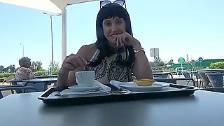 Flashing in a public cafe on a busy street, Masturbation and orgasm.