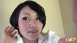 Beautiful short hair Japanese babe strips in a hotel and gets her pussy fucked hardcore