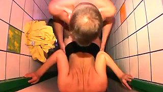 Colleague fucked a hot blondie in the toilet in her ass
