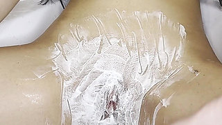 Shaving a Hairy Beautiful Pussy with a Trimmer and a Razor with Shaving Foam!