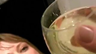 Blonde babe pissed on the glasses and drinks it