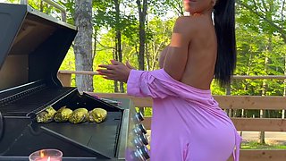 New Outdoor Sex at a Cabin Cum Watch Me Ride a Cock While I'm Bbq'ing Being Naked Outside Turns Me on Way Too Much...I Couldn't