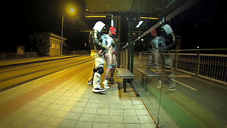 Really Risky Sex at a Bus Stop with a Young Stepsis That Ends with an Orgasm and a Cumshot