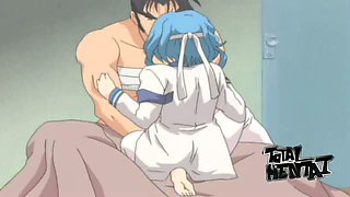 Blue haired hentai nurse helps dude to recover by flashing her titties