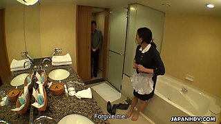 This Asian maid knows how to relieve stress at work and her boobies are superb