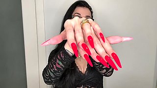 Bright Red Long Nails, Finger Sucking, Black Lace Lingerie Face and Long Fingers Fetish