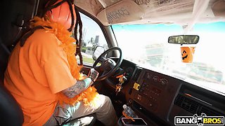 Busty harlot has steamy fuck for Halloween - Bang Bus