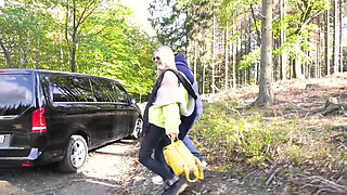 German Babe Sucks 2 Guys Outside Til They Cum in Her Mouth