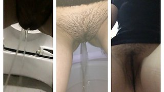 COLLECTION Girl in skinny jeans pees in public toilets close-up, golden shower, peeing girls