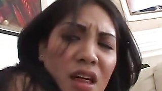 Latina with a hairy cunt gets into hardcore threesome action