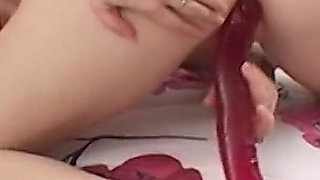 Fucking Blonde with Big Tits in Bed with Huge Dildo Until She Moans