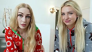 Britt and Emma gives Alex cock a holiday suck