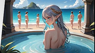 An Elf Girl Bathing in the Bond While Others Are Watching Her Near Beach