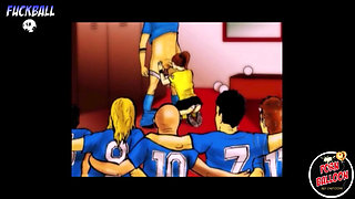 A female linesman gives a soccer player a blowjob before the match.