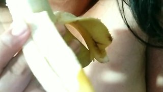 MILF Wife in Fetish Thong Masturbates with a Banana