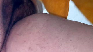 Towel on hairy pussy