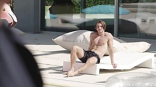 Outdoor 3some with a flexible young blonde Alexa Flexy and two men