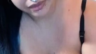 Busty curly brunette with big boobs fucks on couch