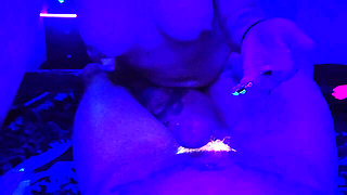 Blacklight Goth Girl with Neon Hair Edges Big Dick with Crazy Massage Gun Toy Gets Huge Cumshot