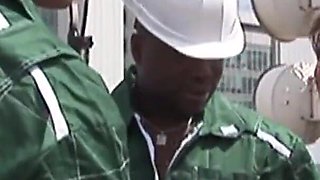 Curious and sexy blonde gets fucked on the roof by two workers