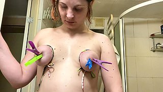 Tits BDSM Orgasm - Wax Play, Clothespins, Bondage, Wet Pussy Closeup - Solo