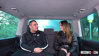 Beautiful woman with natural big tits having sex in a car