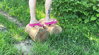 Pink Flip Flops on My Pretty Feet with Long Toes in Outdoor, on the Road, Grass, in the Car, Red Toenails Polish