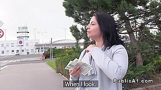 Natural busty Euro babe bangs in car in public