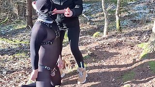 Femdom mistress Hornisub brutally dominates the gimp in the woods