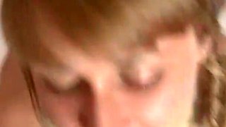 Blue-eyed doll licking balls and drinking her lover's jizz