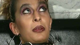 Attractive German doll gets tied up and rides a huge dildo