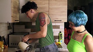 Russian student fucks pretty blue haired friend in the kitchen