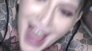 Hot Babe with an Amazing Tattoed Body Enters a Bukkake Party