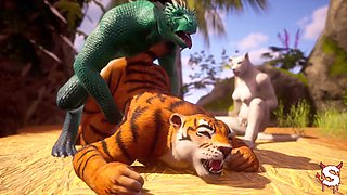 Furry girls go wild on lizard guy in a hardcore crazy life hump