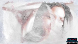 Petite Asian mommy doing yoga and strips