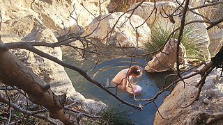 Cute sissy Wet Bibe enjoys a romantic bath in steaming springs with her girlfriend